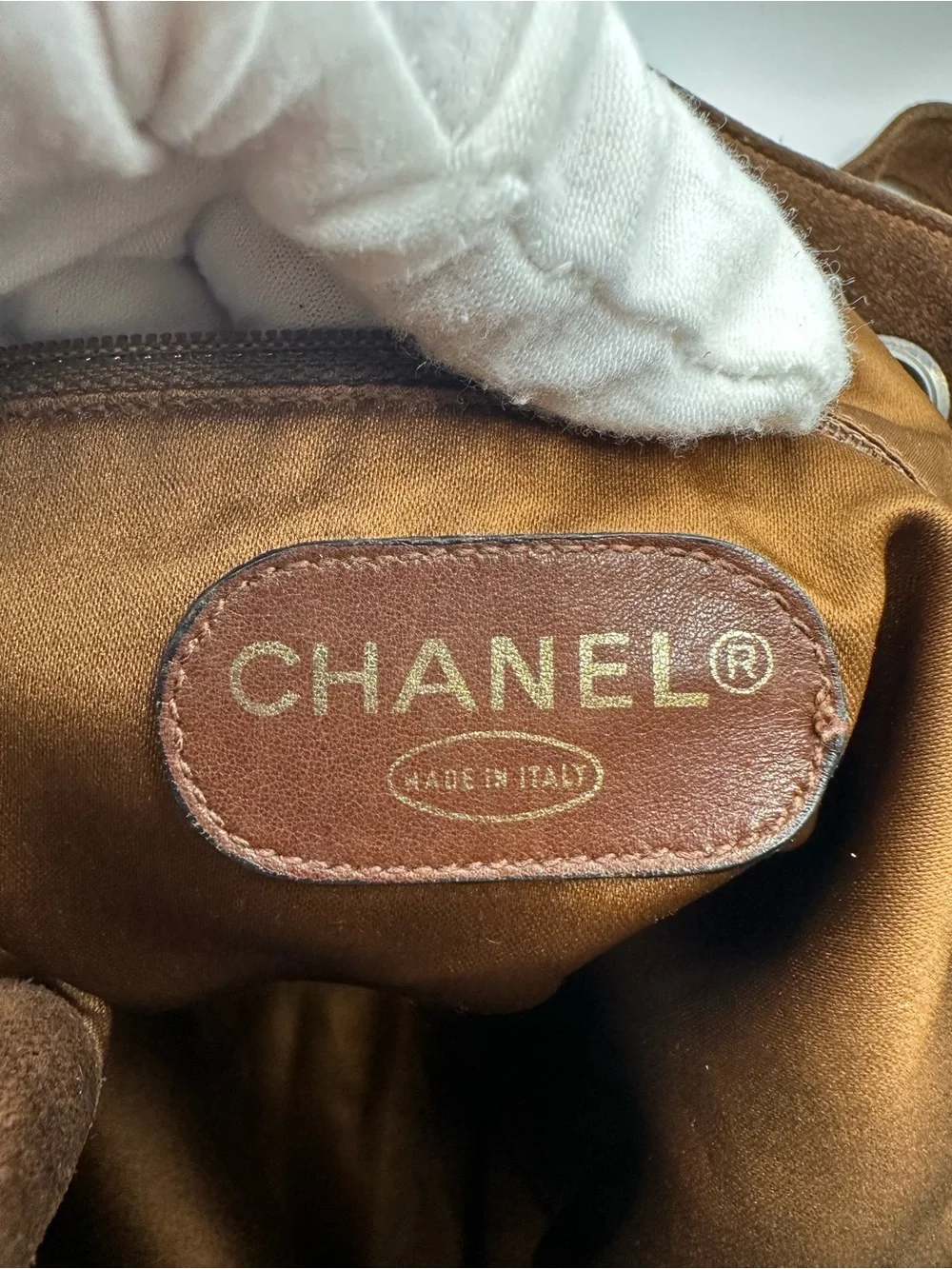CHANEL Brown Suede Hobo Bag with Chain Handles and Tassle